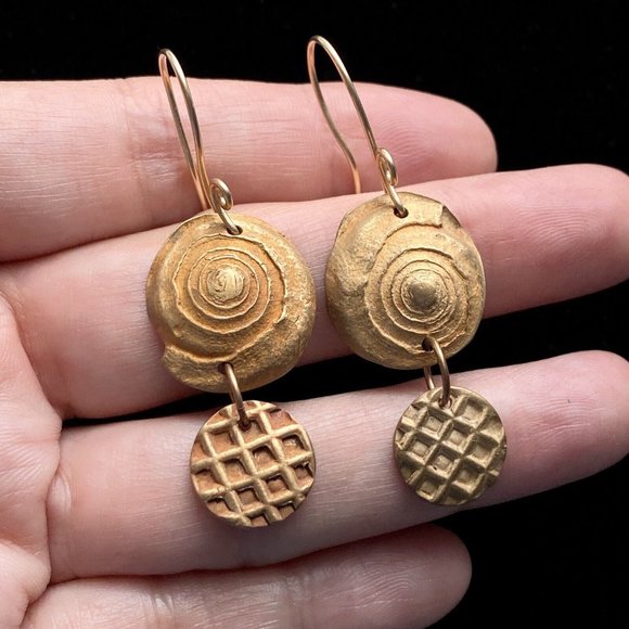 Jane Levy PMC Bronze Earrings Handmade Organic Shell & Waffle French Ear Wires - Picture 2 of 3